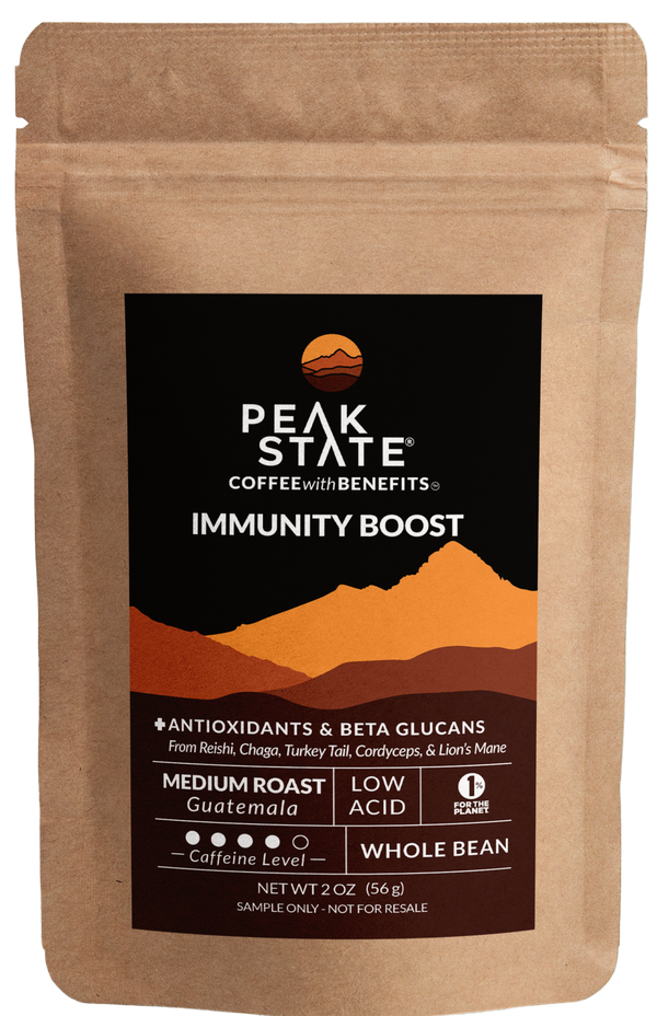 2oz sample bag of Peak State's Immunity Boost medium roast coffee. 