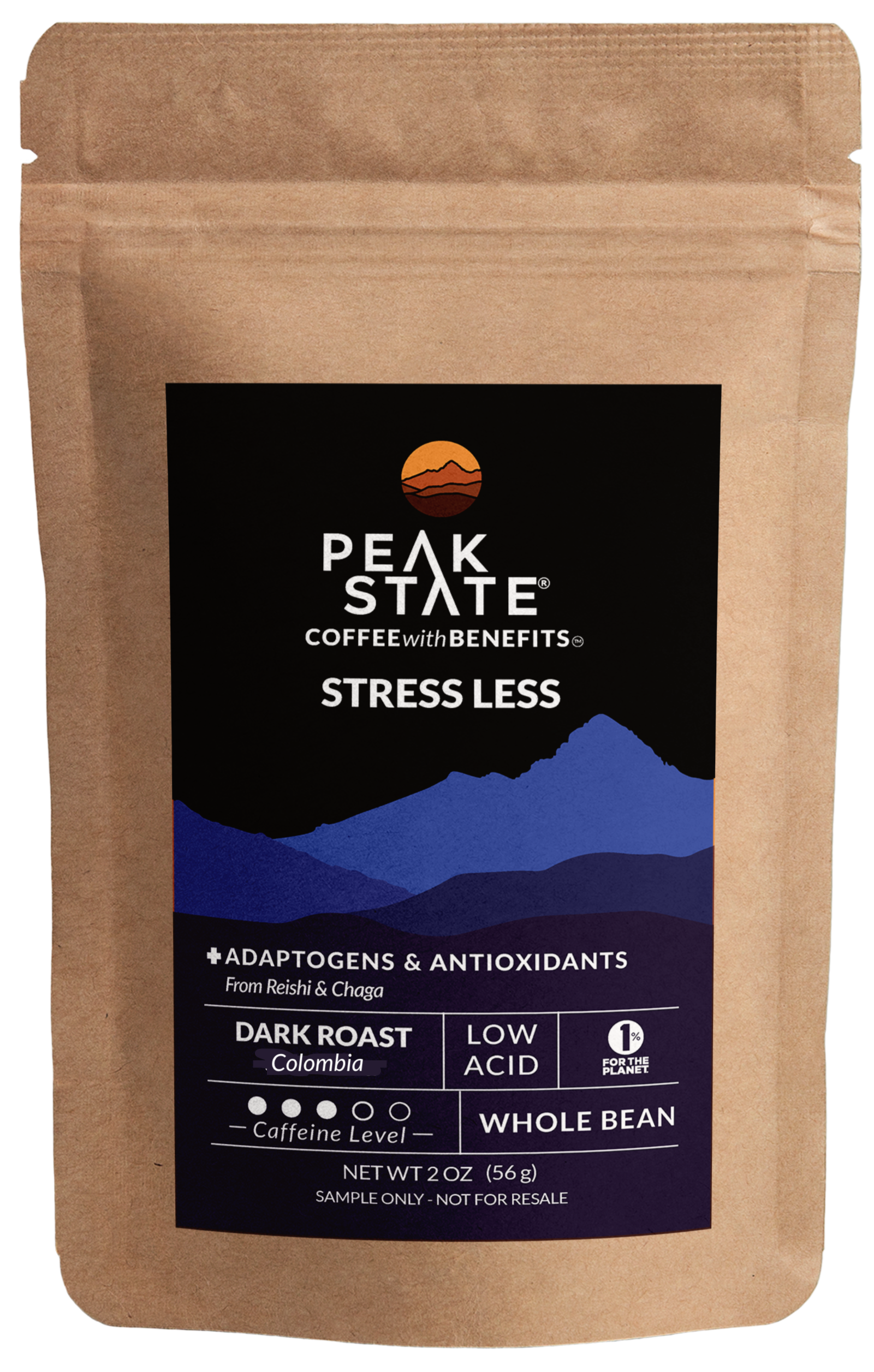 2oz sample bag of Peak State's dark roast mushroom coffee.