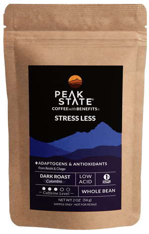 2oz sample bag of Peak State's dark roast mushroom coffee.