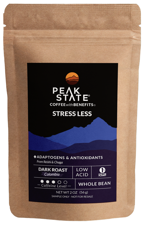 2oz sample bag of Peak State's dark roast mushroom coffee.