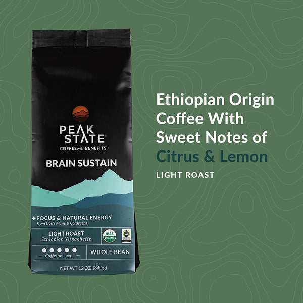 Origin and flavor profile of Peak State's Brain Sustain coffee.