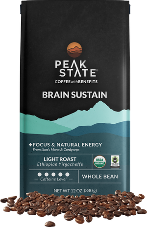 12oz bag of Peak State's Brain Sustain whole bean coffee. 