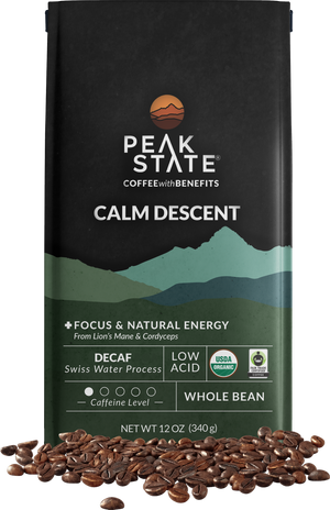 12oz bag of Peak State's Calm Descent decaf whole bean coffee. 