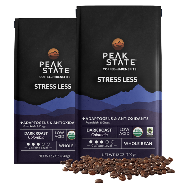 2 x 12oz bags of Peak State's colombian, dark roast mushroom coffee.