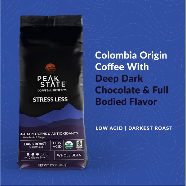 Flavor profile and colombian origins of Peak State's dark roast mushroom coffee.