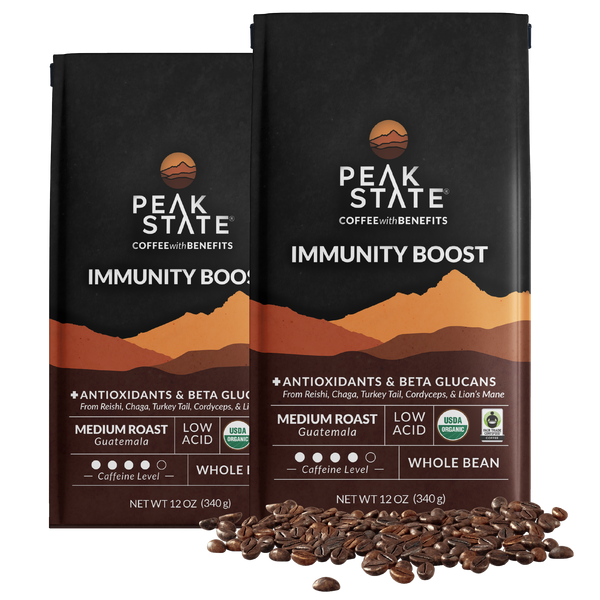 2 x 12oz bags of Peak State's Immunity Boost medium roast organic coffee. 