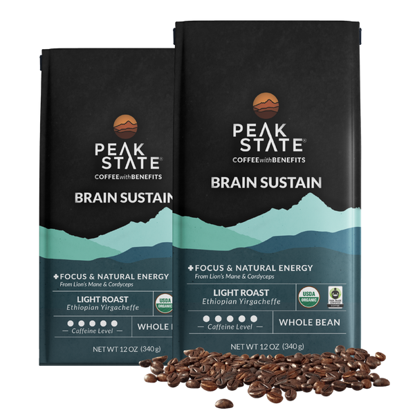 2 x 12oz bags of Peak State's Brain Sustain light roast coffee.