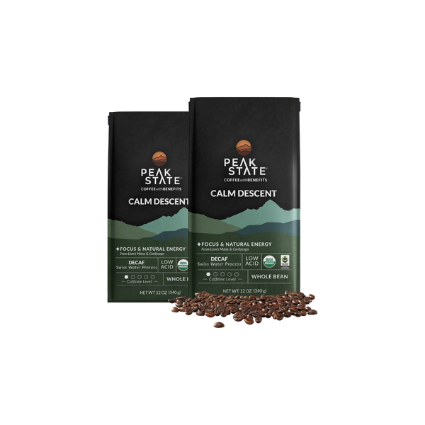 2 x 12oz bags of Peak State's Calm Descent decaf whole bean coffee. 