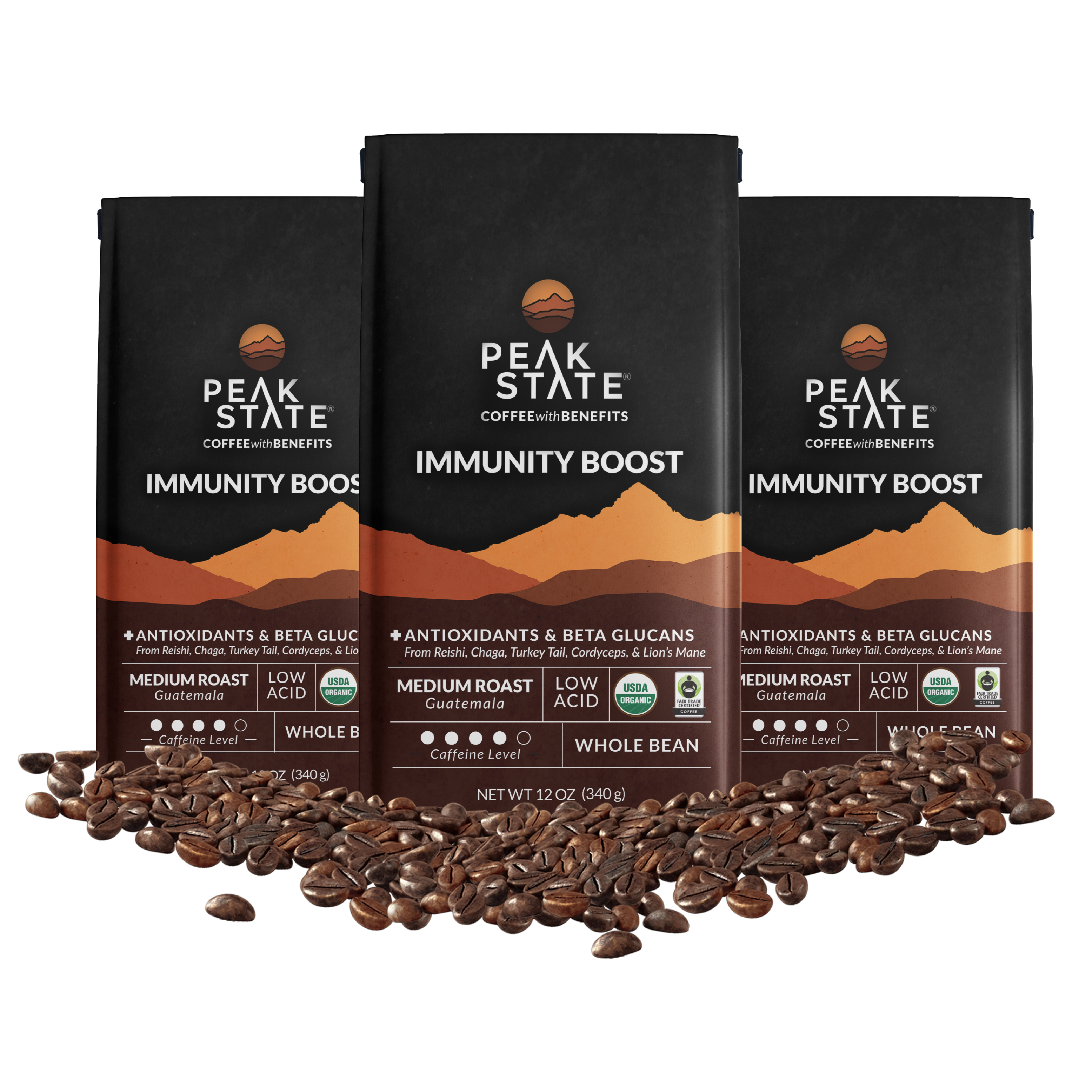 Three-pack of Peak State's Immunity Boost whole bean coffee.