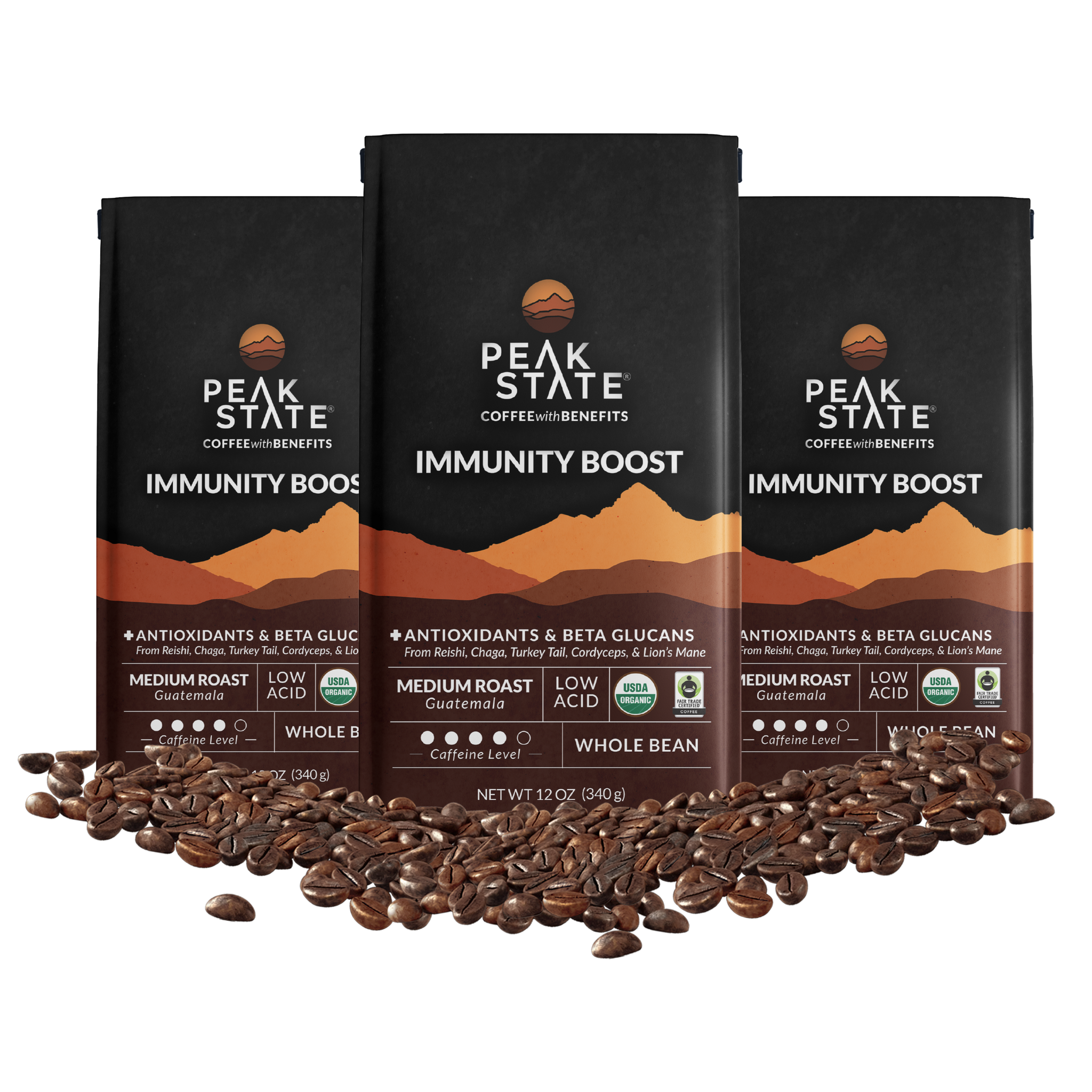 Three-pack of Peak State's Immunity Boost whole bean coffee.