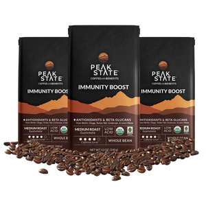 Three-pack of Peak State's Immunity Boost whole bean coffee.