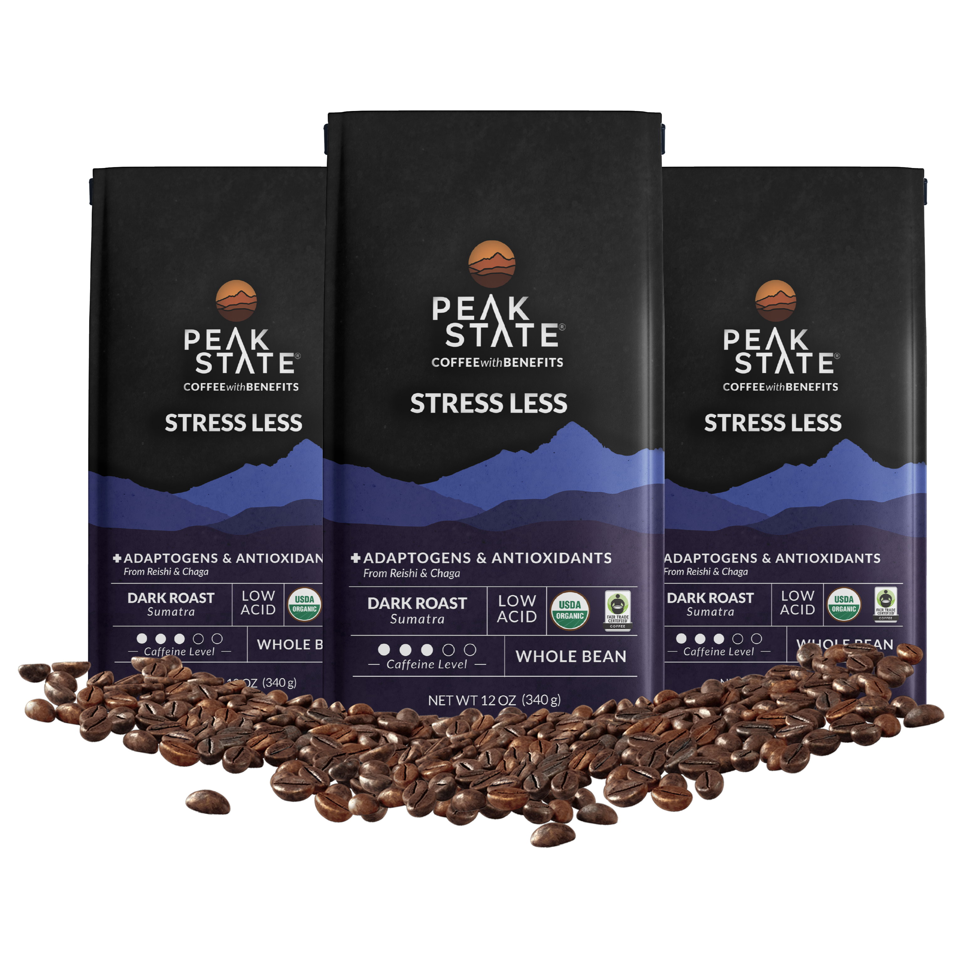 Three-pack of Peak State's dark roast mushroom coffee.