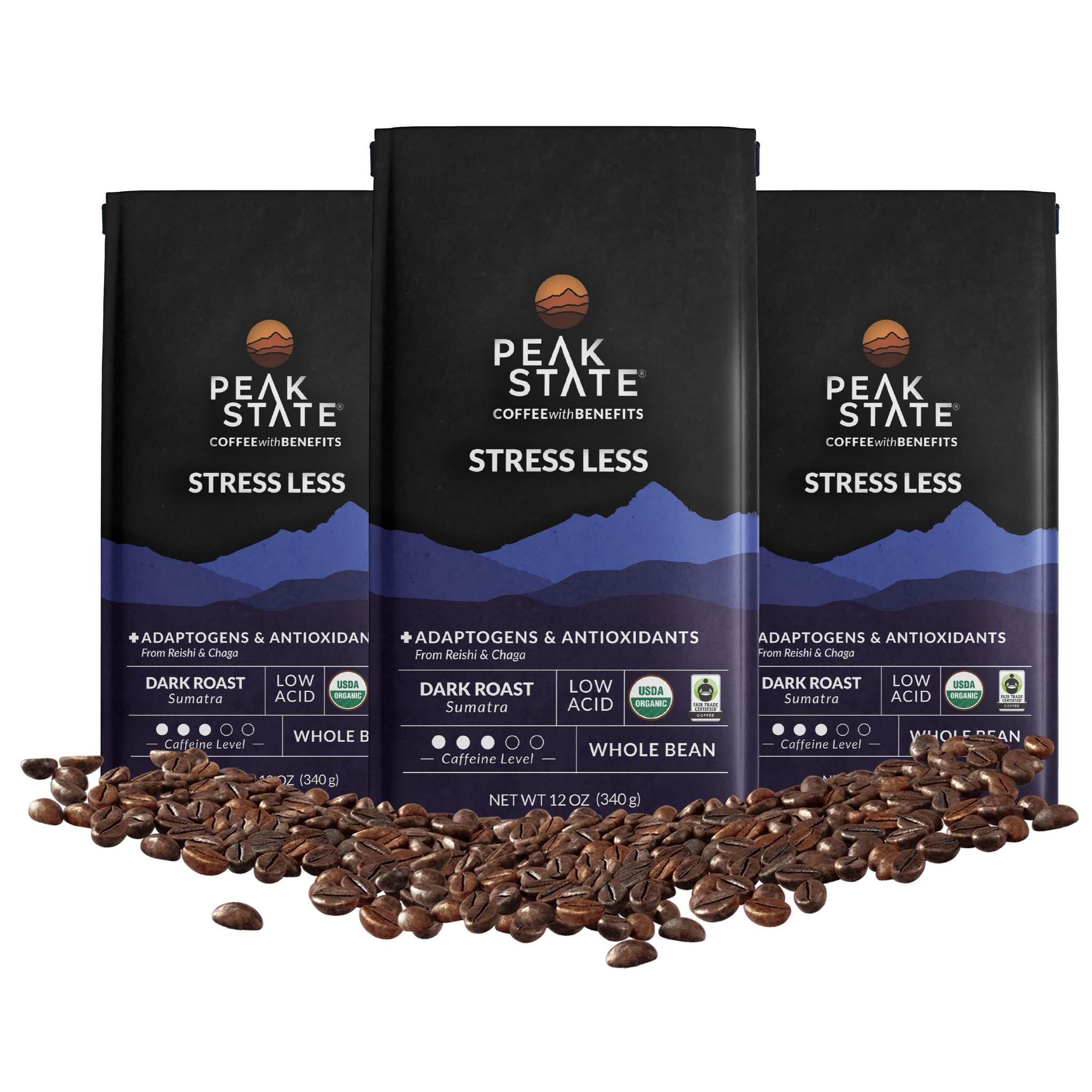 Three-pack of Peak State's dark roast mushroom coffee.