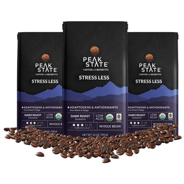 Three-pack of Peak State's dark roast mushroom coffee.