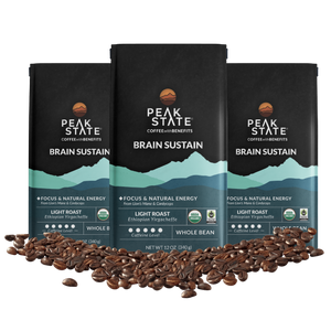 Three-pack of Peak State's Brain Sustain whole bean coffee. 