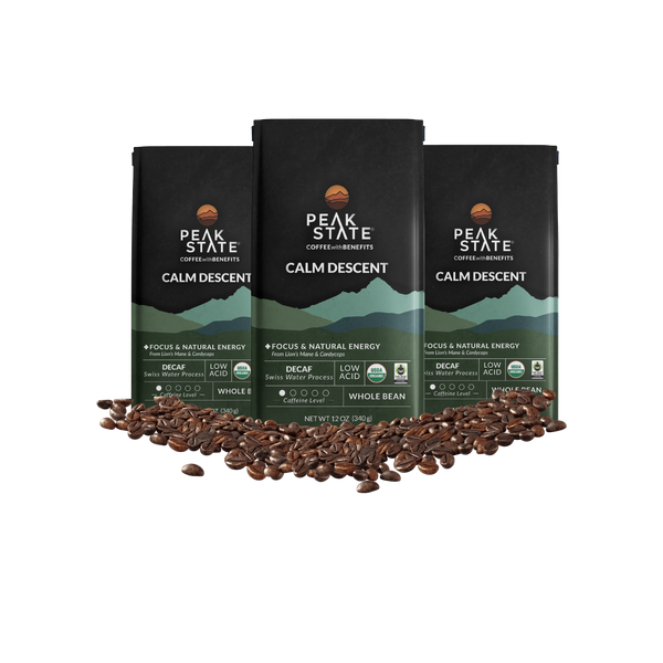 3 x 12oz bags of Peak State's Calm Descent decaf whole bean coffee. 