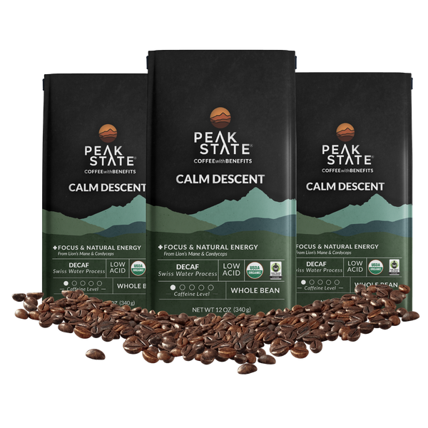 Three-pack of Peak State's Calm Descent organic decaf coffee. 