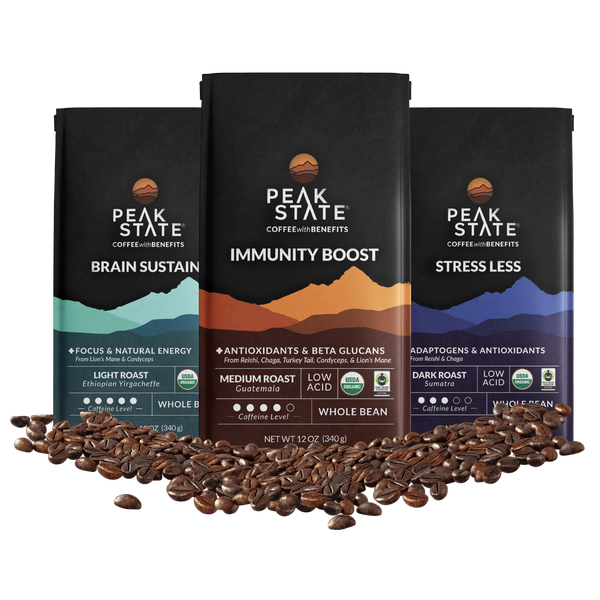 Variety three-pack of Peak State's bestselling whole bean mushroom coffees. 