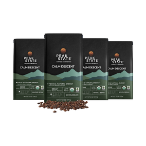 4 x 12oz bags of Peak State's Calm Descent decaf whole bean coffee. 