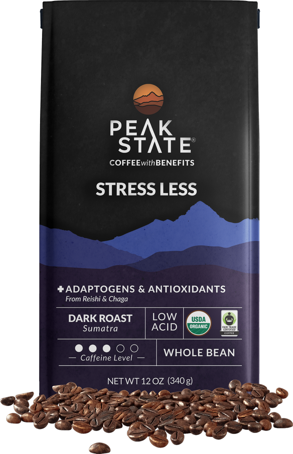 12oz bag of Peak State's Stress Less whole bean mushroom coffee.